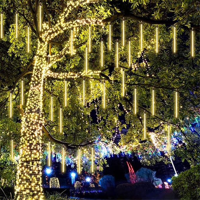 2-Pack Extendable Meteor Shower Christmas Lights Outdoor, Waterproof 16 Tubes 384 LEDs Outdoor Tree Lights for Christmas Decorations Outdoor Backyard Decor Garden Patio Xmas Decor (Warm White)