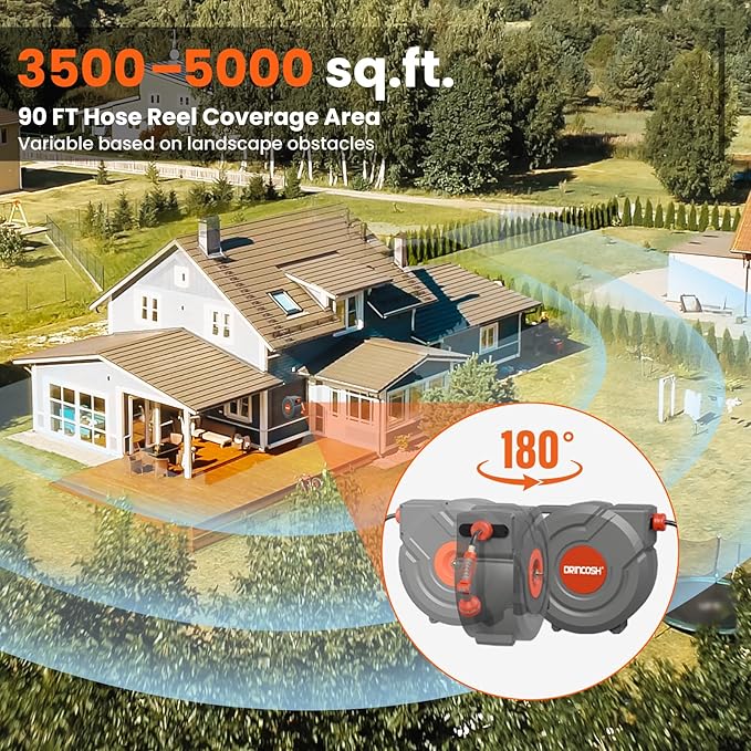 Upgraded Retractable Garden Hose 5/8 in x 90 ft Heavy Duty Wall-Mounted Hose Reel 180°Swivel Automatic Slow Return Any Length Lock 9 Pattern Nozzle UV Resistant (Black)