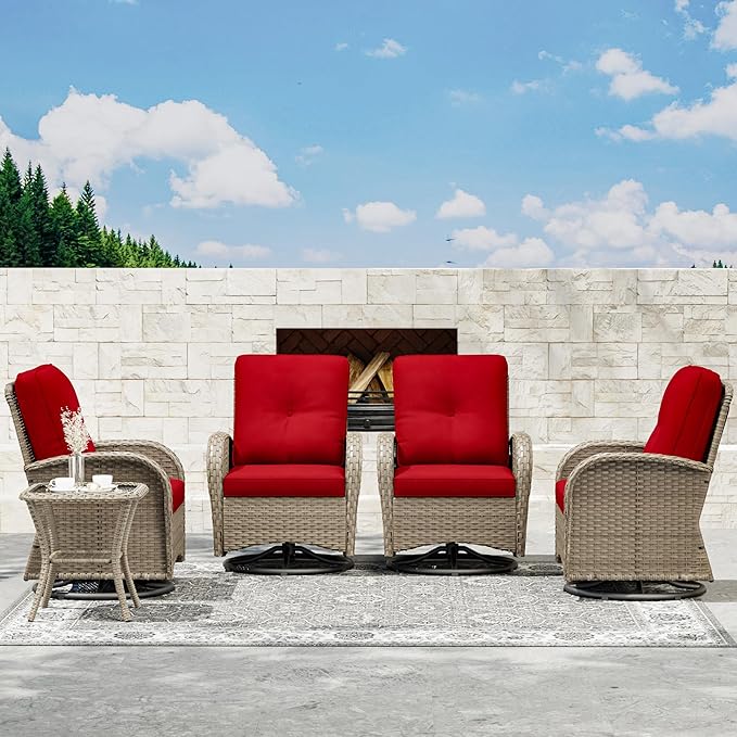 Joyside Outdoor Swivel Rocker Chairs, 6 Piece Wicker Patio Set with Thick Cushion and Side Table, Rattan Patio Swivel Rocking Chairs for Porch, Deck Use (Natural/Red, 6 PCS)