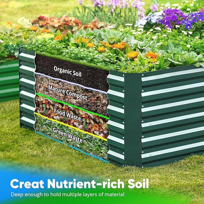 Quictent Galvanized Raised Garden Bed Metal Planter Box Bottomless for Backyard Outdoor, Include 1 pc Tomato Cage, Dark Green, 6x3x2 Ft