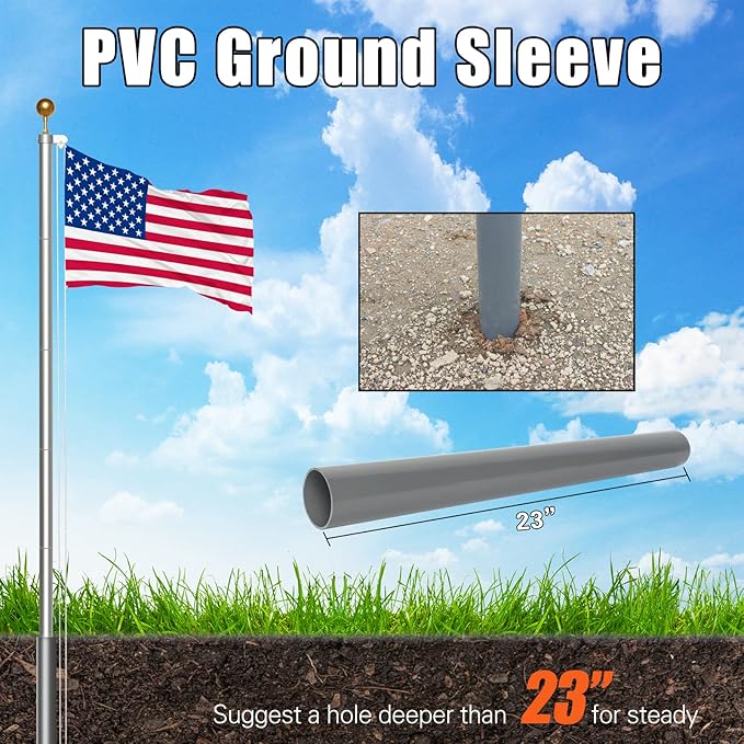 NELXINJO 25FT Sectional Flag Pole Kit, Heavy Duty Aluminum Outdoor In-Ground Flagpole, Gold Ball Top, 3x5 USA Flag for Residential Commercial Outdoor Garden(25FT, Silver)
