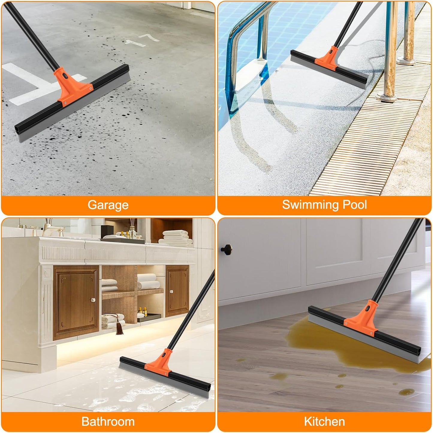 Floor Squeegee Heavy Duty, 17 Inch Rubber Blade, 60 Inch Long Aluminum Handle, Multipurpose Cleaning Squeegee for Garage, Tile, Deck, Bathroom, Window, Glass