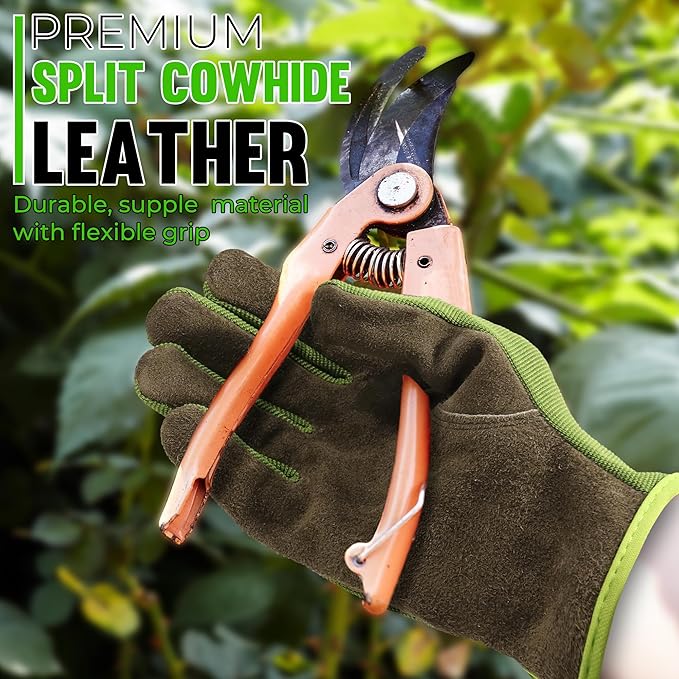 HANDLANDY Leather Work Gloves for Men & Women, Reinforced Durable Garden Gloves, Cowhide Working Glove for Gardening