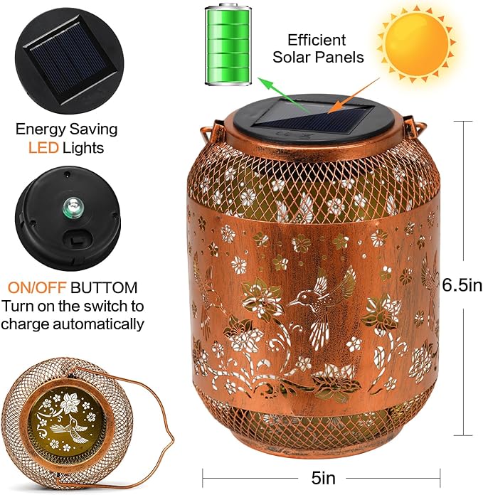 2 Pack Hummingbirds Solar Lanterns Outdoor Waterproof Garden Decor Birthday Gifts for Women Mom Grandma, Hanging Solar Lights Metal Lantern Decoration Outside for Yard, Patio, Backyard, Porch