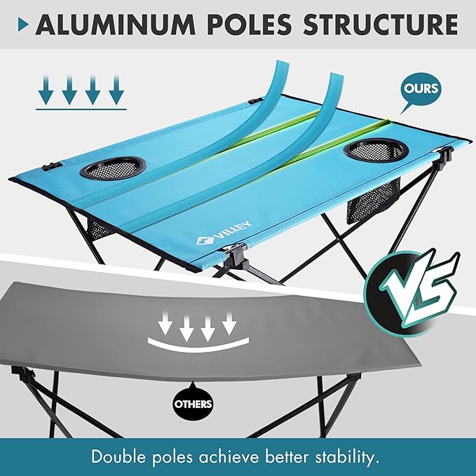 VILLEY Folding Camping Table, Lightweight Portable Beach Table with 2 Cup Holders & Carry Bag for Camping, Beach, Fishing, Travel, and Outdoor Activities (Large)