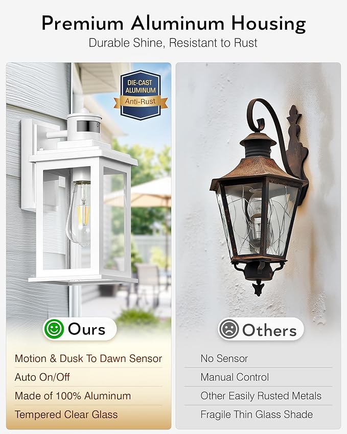 VIANIS Motion Sensor Porch Lights, 2 Packs Outdoor Wall Lights Wall Mount, White Dusk to Dawn Outdoor Sconce Lights, Waterproof Exterior Light Fixture for House, Garden, Patio,Hardwired, Non-Solar