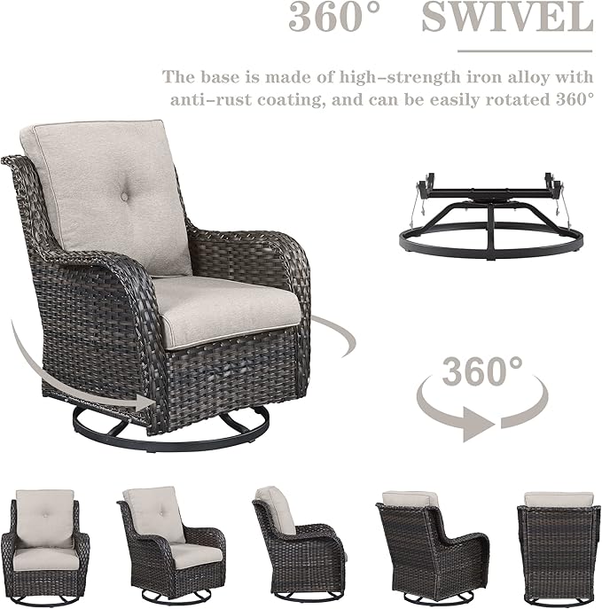 Outdoor Wicker Furniture Patio Set - 7 Piece Backyard Furniture Brown Rattan Conversation Sets with Swivel Rocker Chairs, Rattan Sofa, Club Chairs and Coffee Table, Beige Cushion