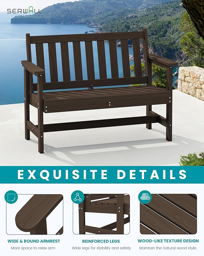 SERWALL Outdoor Bench, HDPE Outdoor Benches Weatherproof, 2-Person Garden Bench with 660 lbs Weight Capacity, Patio Benches for Outdoors, Garden, Porch, Backyard and Park, Coffee, 2 Pack