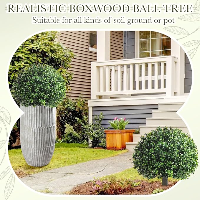 Yunlly 4 Pack 18" Artificial Boxwood Ball Bush Topiary Trees Fake Outdoor Plants, Realistic UV Resistance Faux Shrubs with Spike Greenery Topiary Potted for Front Porch Garden Yard Patio Indoor Decor