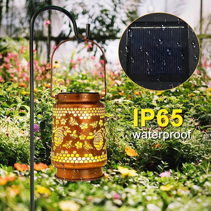 Solar Lanterns Outdoor Garden Decor, Gifts for Women, Mom, Grandma, Birthday, Thanksgiving, Decorative Waterproof Hanging Metal LED Light for Yard, Patio, Lawn, Landscape, Backyard (Bee)