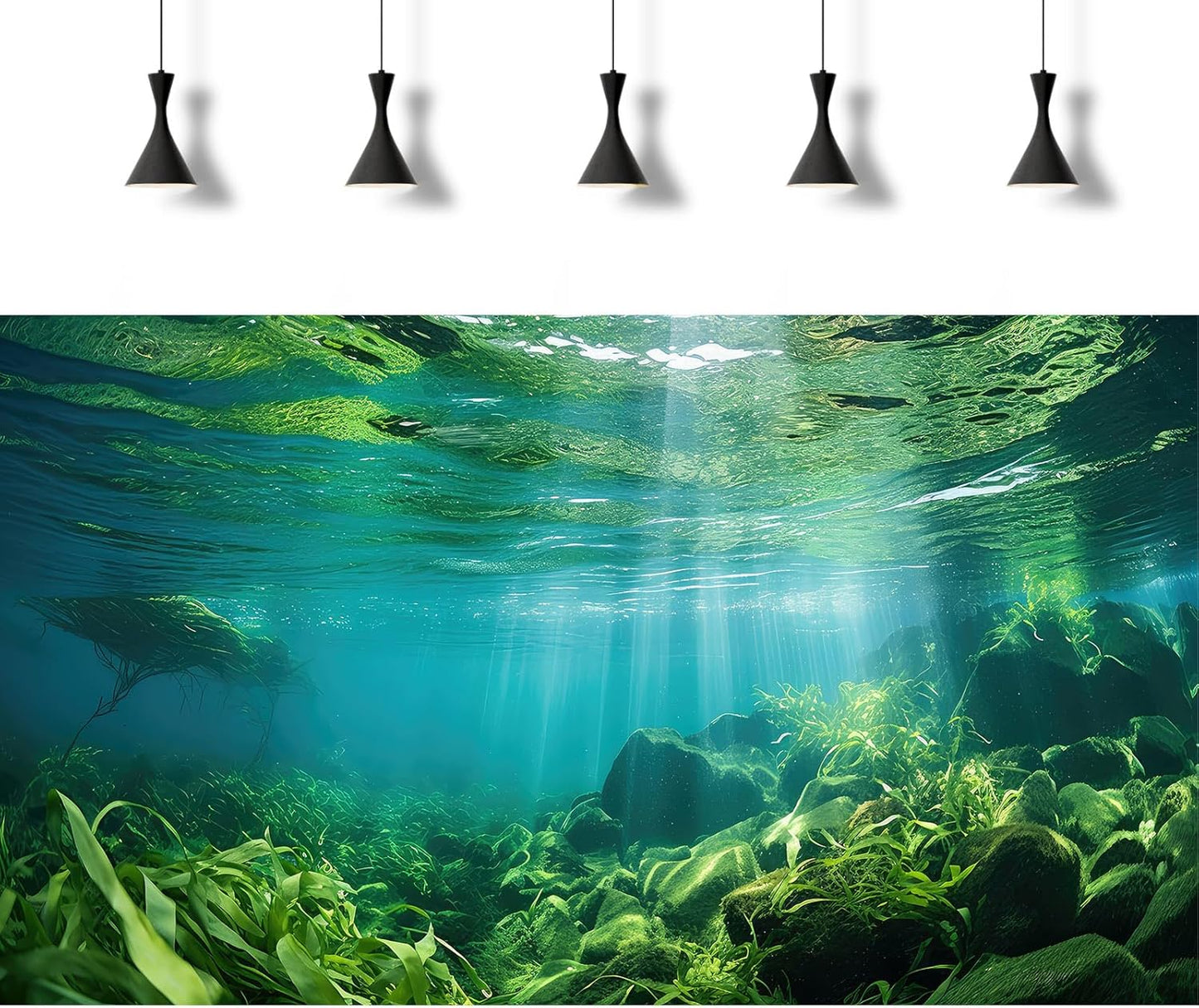 Under The Sea Fish Tank Background Aquatic Plants Deep Sea Aquarium Background Underwater Sunray Rock with Moss Terrarium Backgrounds Deep Ocean Floor Tropical Fish Tank Backgrounds 48x24in