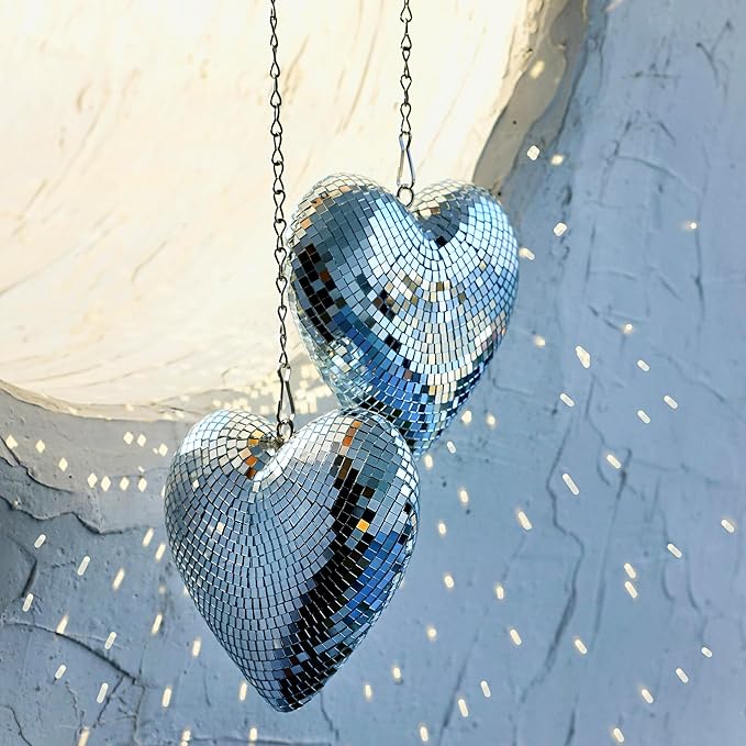 Disco Balls 2 Pack Silver Heart-Shaped Stage Mirror Balls Hanging Decor for Party, Room, Wedding, Garden, Retro Reflective Disco Ball Handmade Gifts (6.3 inch)