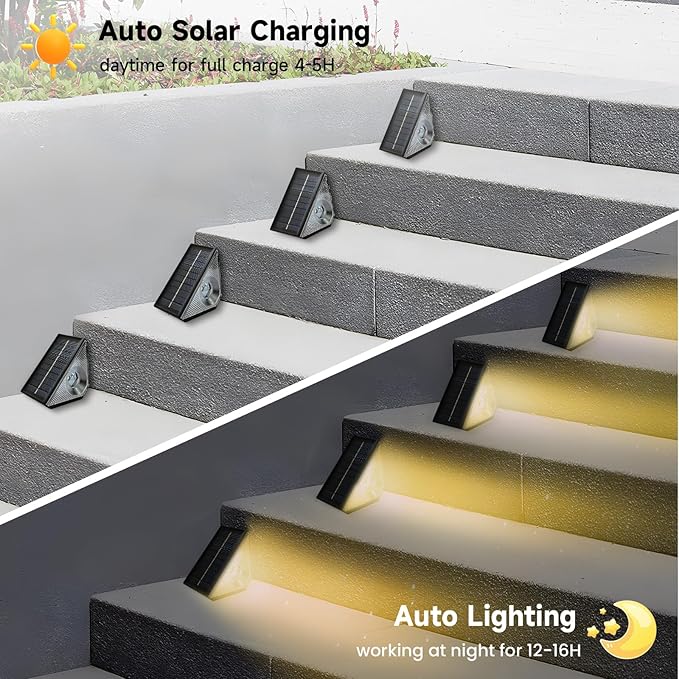 Solar Step Lights Outdoor, 6 Pack Solar Stair Lights Waterproof, Warm White/7 RGB Colors Deck Lighting for Outside Garden Stair, Deck, Fence, Front Step, Front Porch, and Patio Decor