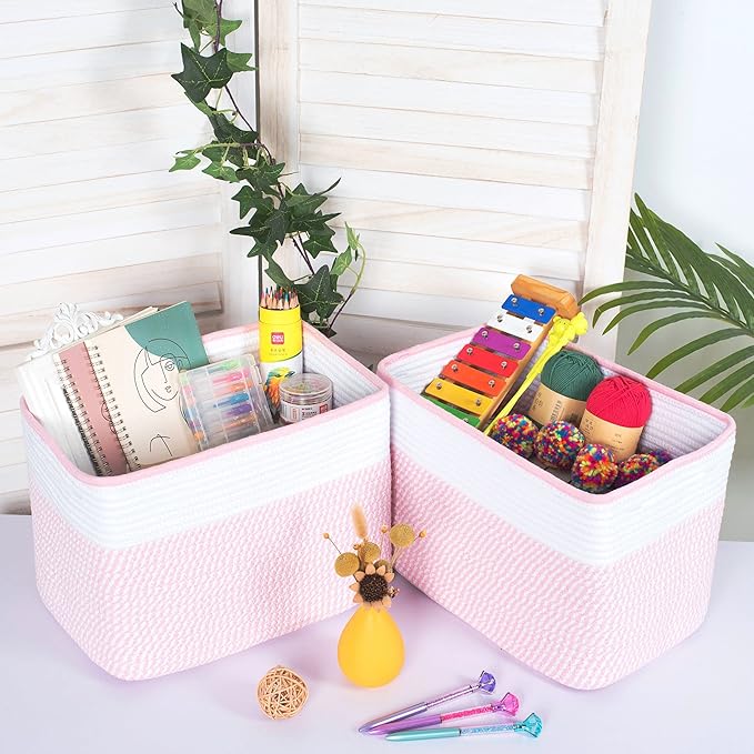 MINTWOOD Design Storage Basket for Shelves, Decorative Baskets for Organizing, Book Basket, Storage Cube Bin Box, Woven Closet Organizer, Pantry Closet and Shoe Basket, Light Pink