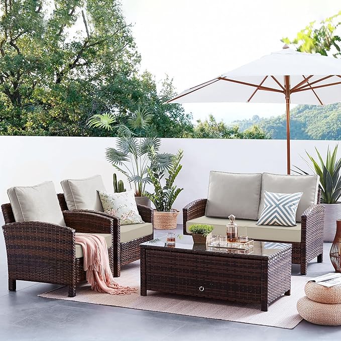Favoyard Patio Chair Cushions 24 x 24 x 4 Inch Waterproof Outdoor Seat Cushions for Patio Furniture 3-Year Color Fastness Garden Sofa Couch Chair Pads with Handle & Adjustable Straps Set of 2, Beige