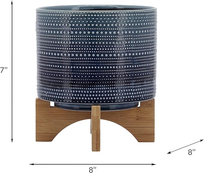 Sagebrook Home Textured Ceramic Planter with Wood Stand, Elevated Indoor/Outdoor Planter, Blue with Gray Dots, 8 L x 8 W x 10 H