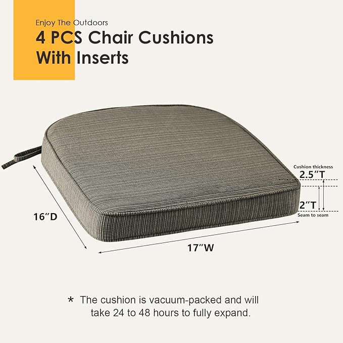 Outdoor Outdoor Round Corner Seat Cushion, 17"x16"x2", Set of 4, Non Slip Seat Cushion Pads with Removable Cover for Patio Furniture, Garden Yard Lawn, Dark Black Tan Stripe
