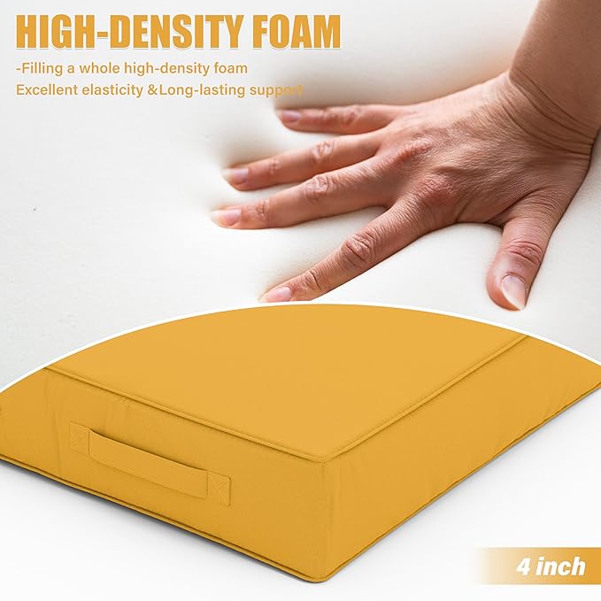 Patio Chair Cushions 19 X 19 X 4 Inch Waterproof Outdoor Seat Cushions for Patio Furniture, Outdoor Sofa Couch Pads with Ties & Handle, Set of 2, Yellow