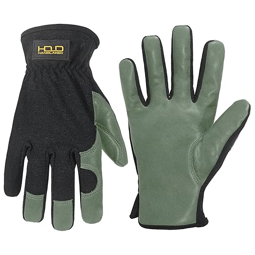 HLDD HANDLANDY Garden Gloves Men, Leather Utility Work Gloves for Gardening, Yardwork, Construction, Mechanics with Reinforced Palm, Green XL
