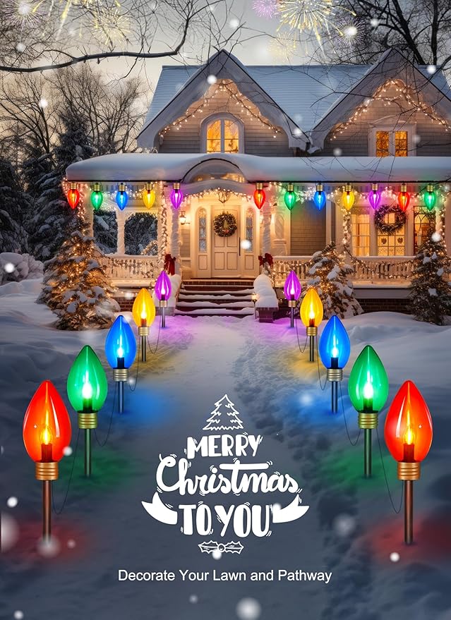 2 Pack Super Jumbo Christmas String Lights or Pathway Marker Lights, Outdoor Xmas Decorations- 11Ft 5 LED Jumbo C9 Hanging Lights Waterproof Lawn Dec for Holiday Home Tree Roof Yard Garden, Multicolor