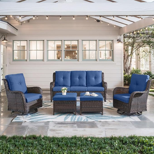 5 Piece Outdoor Patio Furniture Set - Wicker Furniture Patio Conversation Set, Outdoor Swivel Rocker Chairs with 3-Seater Sofa and 2 Ottomans for Small Space, Blue Cushion