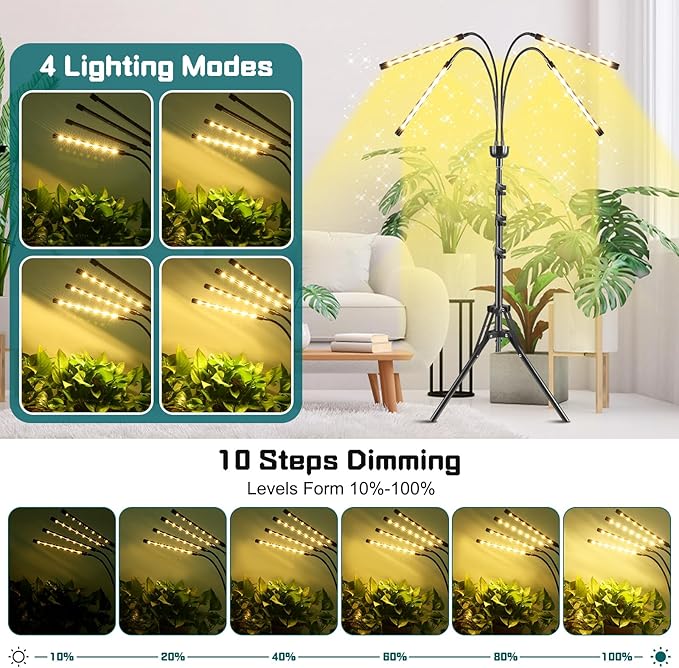 Grow Lights for Indoor Plants Full Spectrum with 15-63 inches Adjustable Tripod Stand Plant Light with 4/8/12H Timer with Remote Control