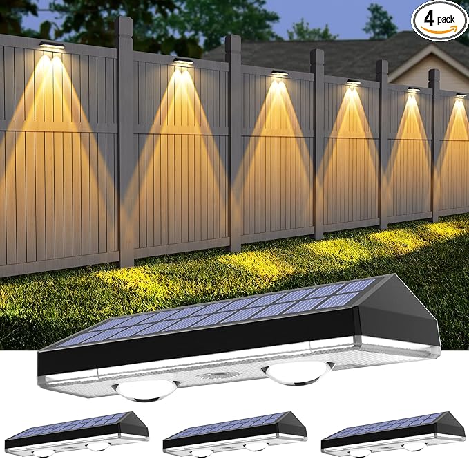 Solar Fence Lights ,Warm White & Cold White & Mixed Color 3 Modes Bright Lens LED Dusk to Dawn Deck Light, Fence Solar Lights Outdoor Waterproof,Solar Outdoor Lights for Backyard/Railing/Wall (4Pack)