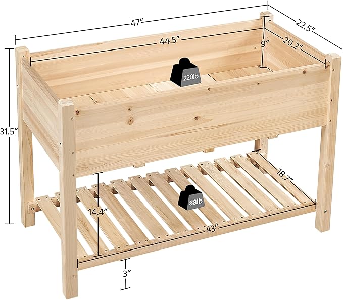 Yaheetech 47x23x32in Wooden Raised Garden Bed with Legs & Storage Shelf Horticulture Wooden Elevated Planter Box Vegetable Growing Bed for Flower/Herb/Backyard/Patio