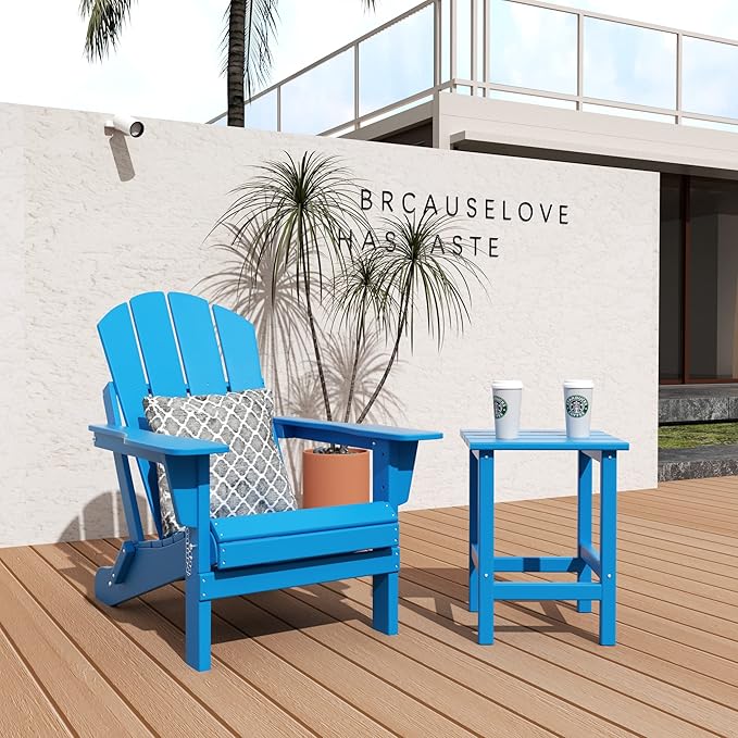 WO Home Furniture Adirondack Chair Table Set of 2 PCS Outdoor Folding Chair w Side Table Weather/UV Resistant for Lawn, Garden, Bon Fire, Balcony (Pacific Blue)