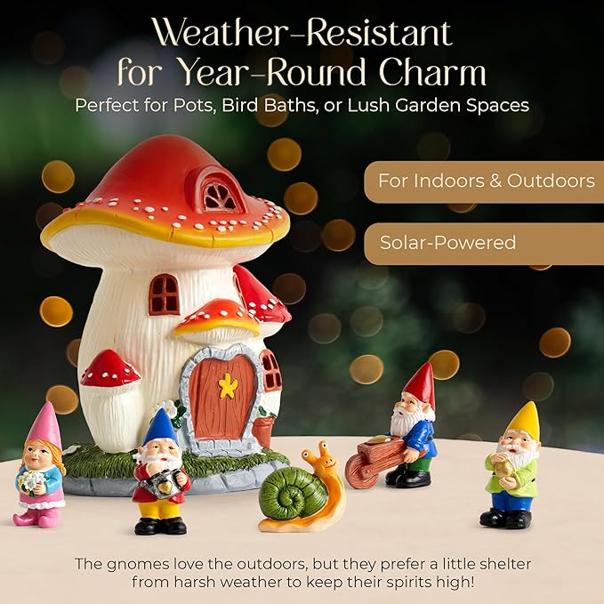Solar Garden Gnome Statue Set – Magical Gnome Decor - Solar Light Mushroom House – Hand-Painted Resin Garden Decorations for Indoor & Outdoor – Weather-Proof Yard Ornaments - Unique Outdoor Gifts