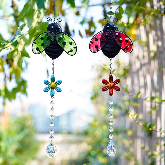 19'' Crystal Garden Suncatcher Decor Set 2 Stained Glass Metal Ladybugs Window Hanging Crystal Prisms Suncatcher for Outdoors Rainbow Maker (Red & Green)