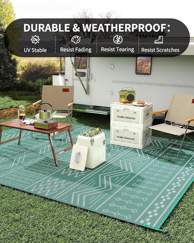Outdoor Rug Carpet Waterproof 6x9 ft Patio Rug Mat Indoor Outdoor Area Rug for RV Camping Picnic Reversible Lightweight Plastic Straw Outside Rug for Patio Decor Decoration Boho Rug Turquoise White