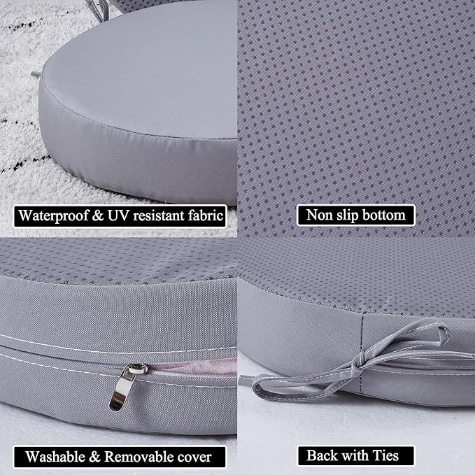 15 x 15 Inch Round Cushions for Outdoor Furniture Non-Slip Waterproof Patio Bistro Chair Cushion with Ties Bar Stool Seat Cushion for Kitchen Chairs Set of 4, Light Gray
