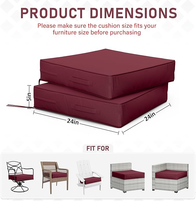 Patio Chair Cushions 24 X 24 X 5 Inch Waterproof Outdoor Seat Cushions for Patio Furniture, Outdoor Sofa Couch Pads with Ties & Handle, Set of 2, Burgundy