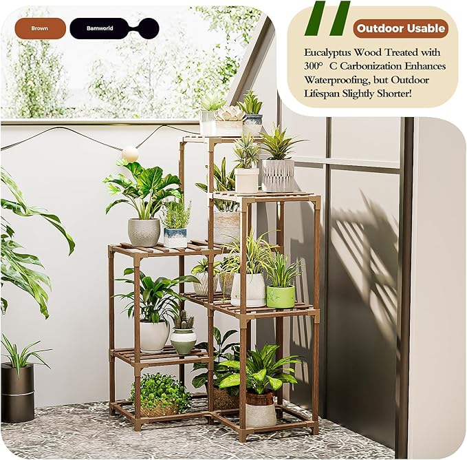 Bamworld Plant Stand Indoor Plant Shelf Outdoor Corner Wood Plant Table 7 Pots Flower Stands for Living Room Plant Rack Indoor Multiple Plants for Patio Balcony Garden Decor