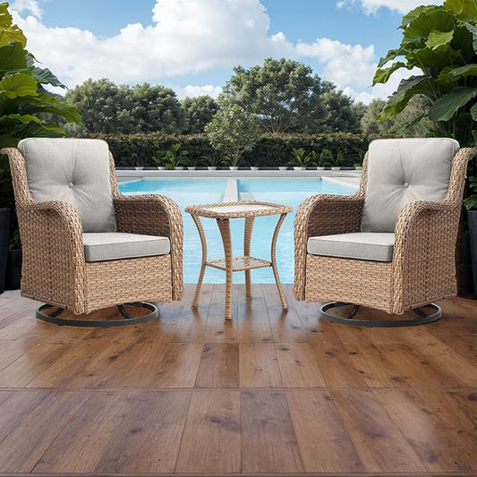 Outdoor Patio Swivel Rocker Chairs - 3 Piece Patio Bistro Set,Wicker Patio Furniture Set with 2 Swivel Rocking Chairs and 1 Glass Top Side Table for Deck Porch Garden,Yellow/Beige