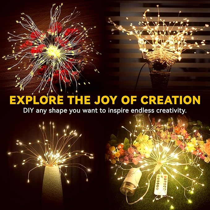 6 Pack Firework Lights 120 LED Copper Wire, 8 Modes Dimmable String With Remote Control, Waterproof Hanging Fairy Lights for Party, Home, Christmas, Garden Outdoor Decoration