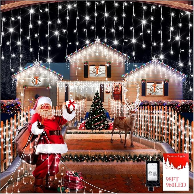 960 LED 98FT Christmas Lights Plug in 8 Modes with Timer Dimmable Christmas Decorations Outdoor Waterproof Indoor Curtain String Lights for Roof Garden Holiday Wedding Party Decor Cool White