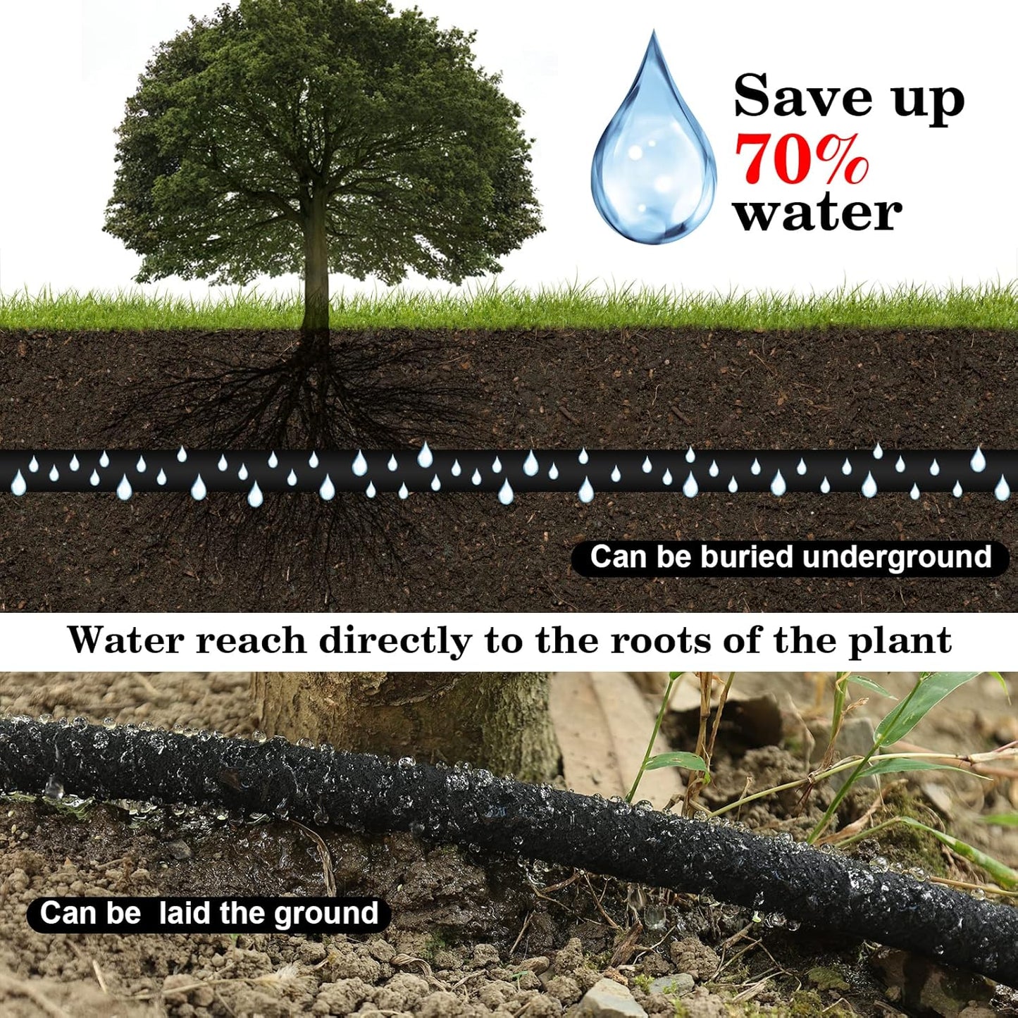 Soaker Hose 50 FT Pro for Garden Beds 1/2 Inch Rubber Longer Lasting Drip Irrigation Save 70% of Water Various Accessories Great for Lawn and Yard