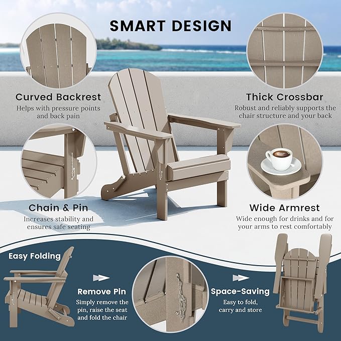 Westin Outdoors Laguna WO Home Furniture Adirondack Chair 2 PCS Set Outdoor Folding Patio Chair for Bon Fire Pit Garden Lawn Backyard Lounging Relaxing (Weathered Wood)