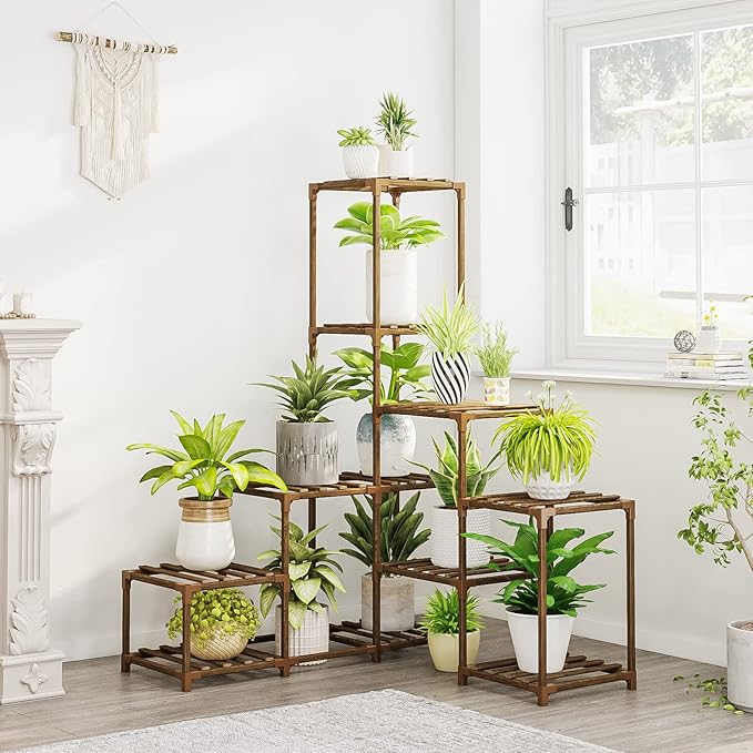 Bamworld Plant Stand Indoor Corner Plant Shelf Wood Plant Holder 8 Pots for Multiple Plants Home Decor for Gardening Gifts