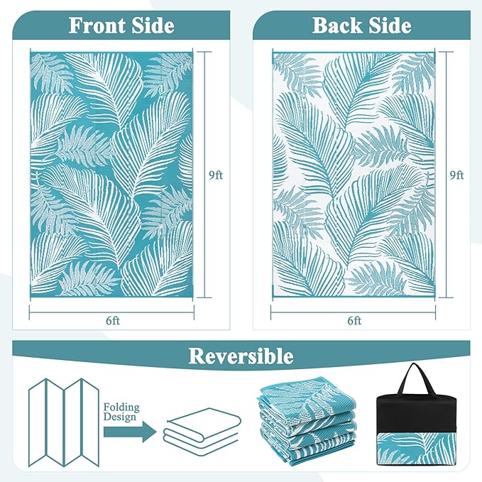 Pauwer Waterproof Outdoor Rug 6x9, Reversible Plastic Straw Patio Camping Rug, Indoor Outdoor RV Mat Carpet for Deck, Camper, Porch, Balcony, Backyard, Picnic, Leaf Teal