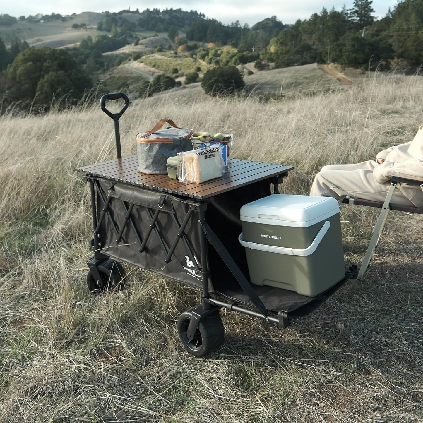 Whitsunday Collapsible Folding Wagon with Table,Heavy Duty Utility Beach Wagons with Opened Tailgate and All-Terrain Wheels for Camping,Garden,Sports Grey