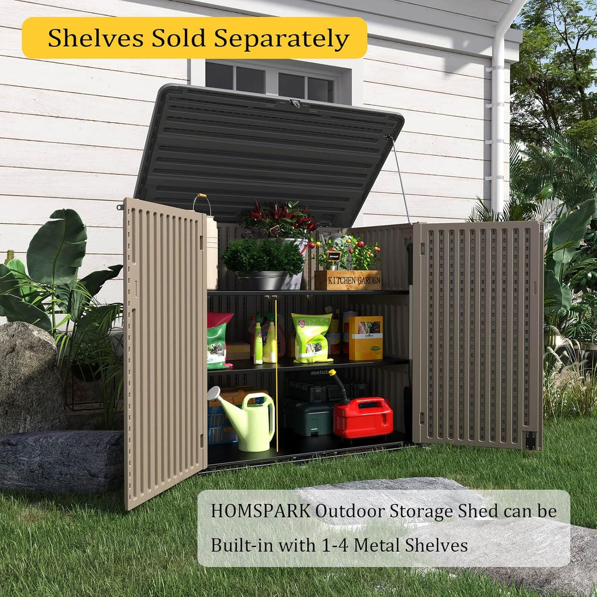 HOMSPARK Storage Shed Weather Resistance, Multi-Purpose Outdoor Storage Cabinet Waterproof, Outdoor Storage Cabinet for Bike, Garbage Cans, Lawnmower, Garden Accessories (coffee, Extra Large-48 cu ft)