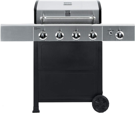 Kenmore 4-Burner Gas Grill with Side Burner, Outdoor BBQ Grill, Propane Gas Grill, Cast Iron Cooking Grates, Electronic Ignition, Warming Rack, Open Cart Design, 53000 BTUs, Stainless Steel and Black