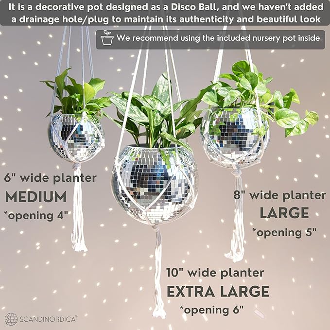 SCANDINORDICA Disco Ball Planter – Value Package: Mirror Disco Planter with Chain, Macrame Hanger and Acrylic Stand for Desk, Includes Self Watering Insert, Disco Ball Decor | 6 inch Silver