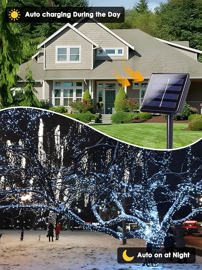 4 Pack 400 LED Solar String Lights for Outside, Solar Christmas Lights Outdoor Waterproof, Green Wire Twinkle Light with 8 Lighting Modes for Xmas Tree Wedding Party Garden Decorations (Cool White)