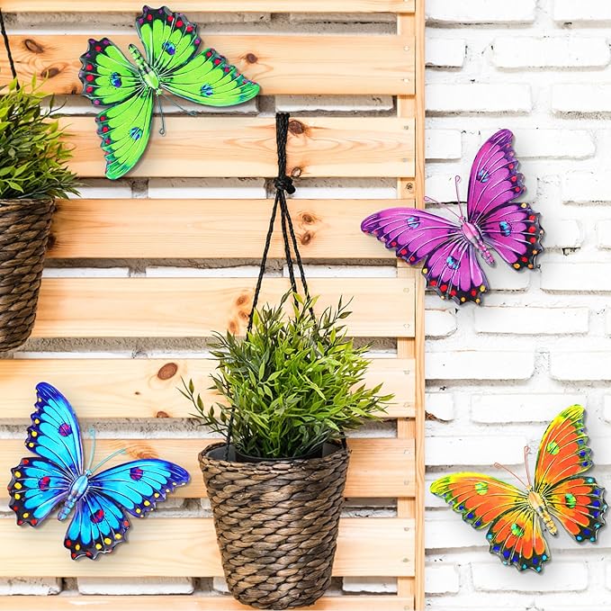 ULENDIS Metal Butterfly Wall Decor, 9.6" 3D Outdoor Fence Wall Art Decor, Hanging Decoration for Garden Backyard Living Room Balcony Patio Indoor, Gift for Mom Kids Family Friends(4 Pack)