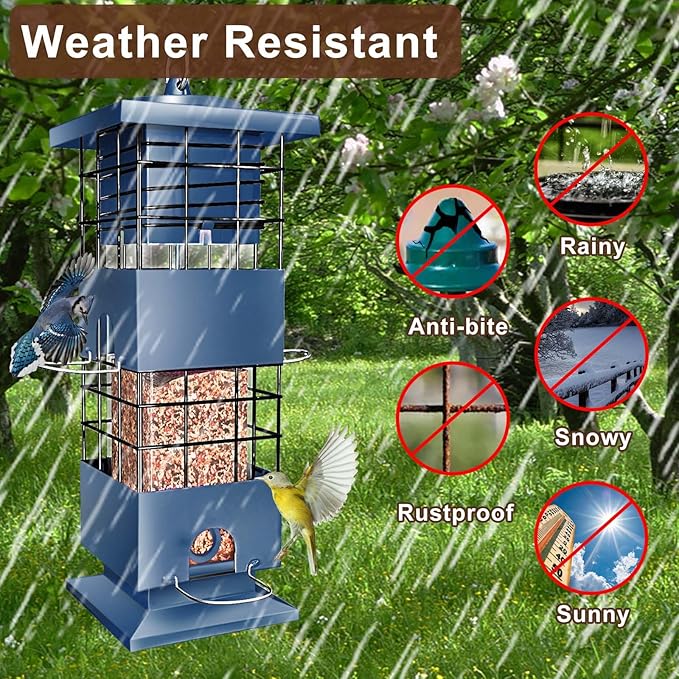 Bird Feeder 3LBS Metal Anti-Squirrel Wild Birdseed Feeder for Finch Cardinal Blue Jay Outdoors Hanging (Blue)