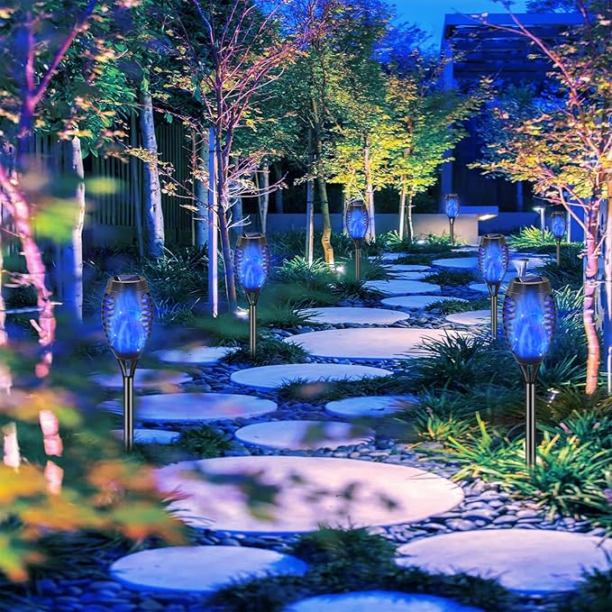 Outdoor Solar Lights Blue, 12 Pack Solar Torch Lights with Flickering Flame Waterproof Mini Tiki Torches for Landscape Garden Pathway Dusk to Dawn Auto On/Off